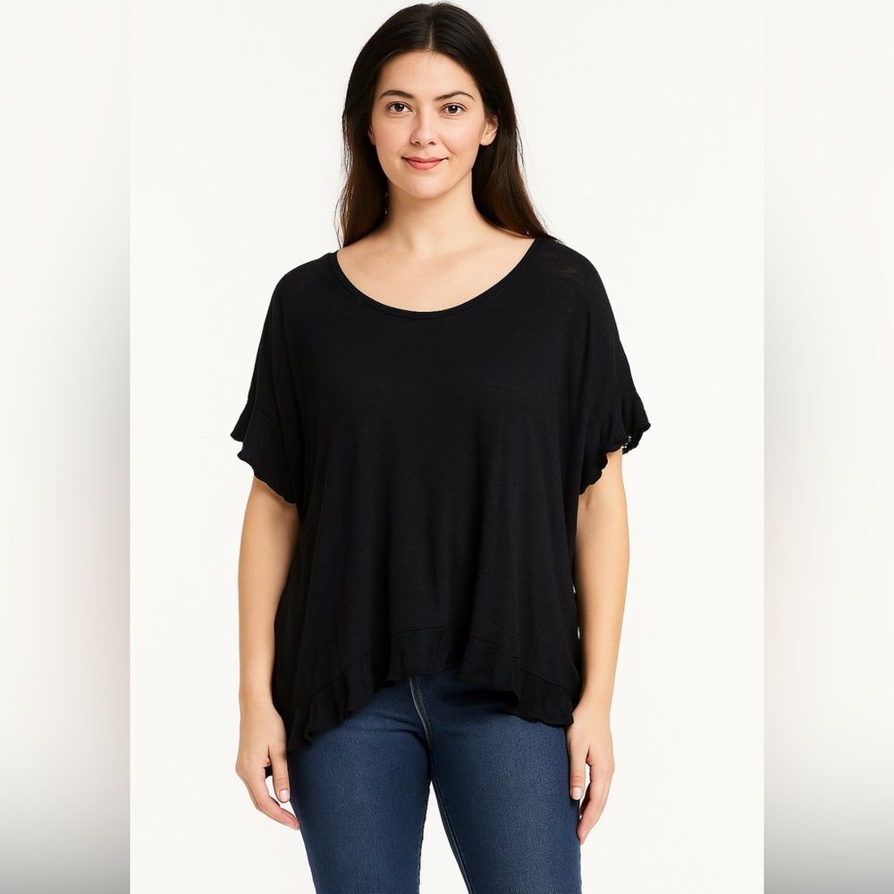 Anthropologie Eri+Ali Linen Top Navy Ruffle Whimsy Fairy Boho Lagenlook Beachy